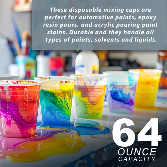 Paint Mixing Cups, 64-Ounce (12 Pack) - Plastic Measuring Cups for Liquids, Automotive Painting, Epoxy Resin, Acrylic Arts, Crafts, Disposable or Reusable, Graduated, Mixing Ratios {2}