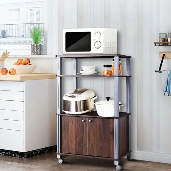 3 Tier Kitchen Storage Cart with Wheels Microwave Stand with Shelves and 2-Door Cabinet Brown {3}