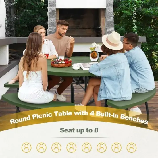 75" Round HDPE 8-Seater Outdoor Picnic Table with Umbrella Hole and Metal Frame Green {3}