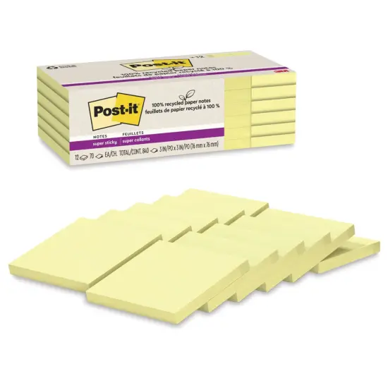 Post-it Recycled Super Sticky Notes - Canary Yellow, 3" x 3", Pkg of 12 {1}