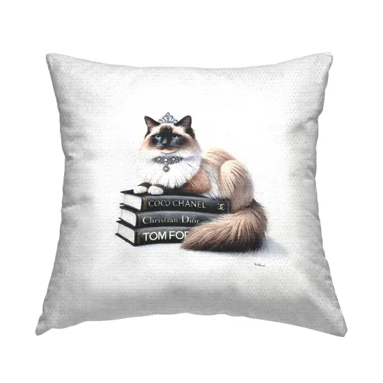 Elegant Glam Cat & Books Outdoor Printed Pillow Design by Amanda Greenwood, 18 x 7 x 18 {1}
