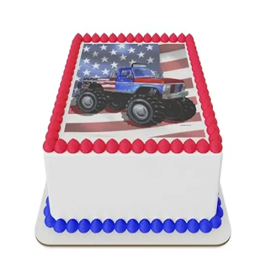 Monster truck with flag Edible Icing Sheet cake topper for 1/4 Sheet cake or larger {1}