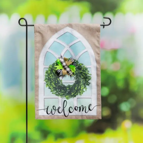 Farmhouse Window and Wreath Garden Flag 2 Sided Burlap Welcome {2}