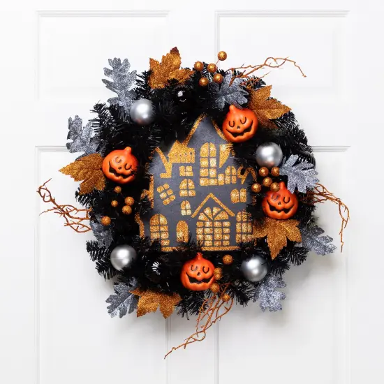 Northlight Glittered Haunted House Artificial Halloween Wreath - 24" - Unlit Orange {1}
