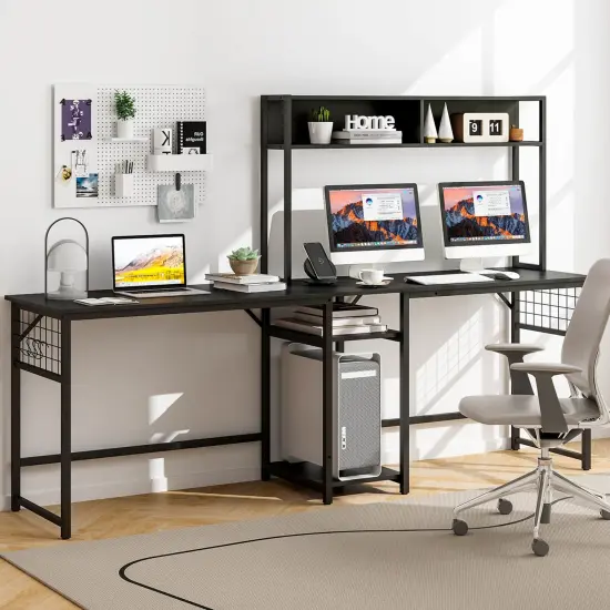 Costway L-shaped Desk with Power Outlet Large Corner Desk Converts to 2-Person Long Desk Rustic Brown/Black {9}