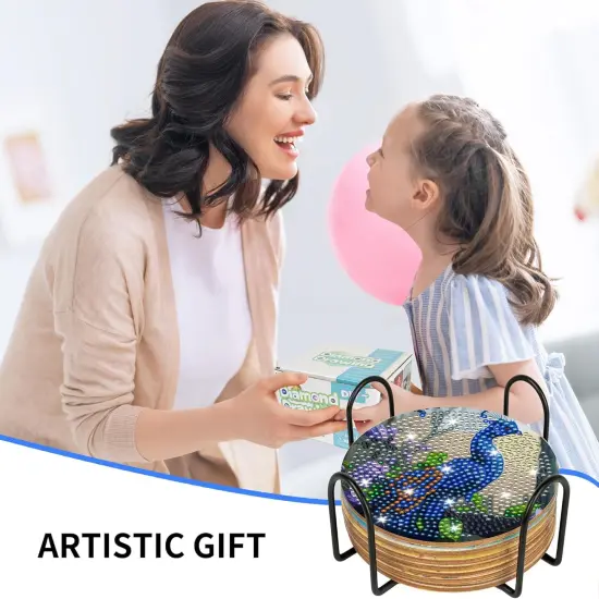 Peacock Diamond Art Coasters Kit: 8pcs Diamond Painting Coasters with Holder & Cork Pads, DIY Craft Set for Adults & Beginners, Wooden Coaster, Gifts for Home Decor {4}