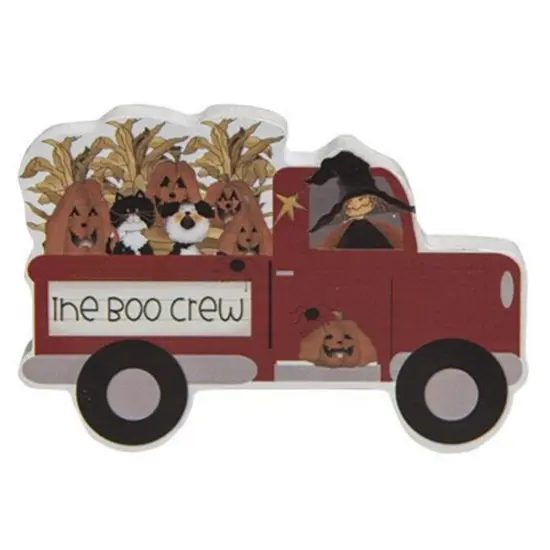 Red Wooden Boo Crew Truck Sitter with Witch, Cat, Dog, Pumpkins and Corn {1}