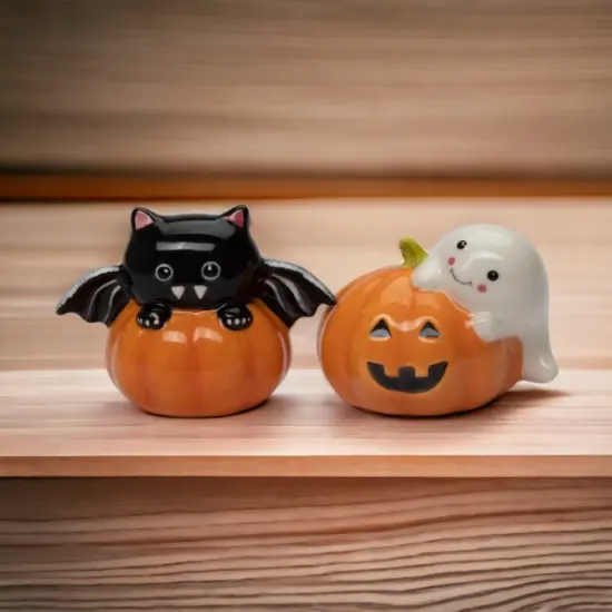 Ceramic Cute Bat and Ghost on Pumpkins Salt and Pepper Shakers, Gift for Her, Gift for Mom, Kitchen D&eacute;cor, Fall D&eacute;cor, Halloween D&eacute;cor {3}