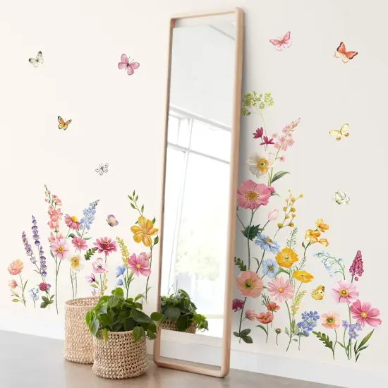 decalmile Flower Wall Decals Daisy Wildflower Grass Butterflies Wall Stickers Girls Bedroom Living Room Home Office Wall Decor {6}