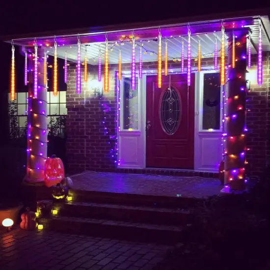 Halloween Lights Outdoor 10 Tubes 240 LED Raindrop Lights Meteor Shower Icicle Lights with Timer Function Cascading Lights Falling Rain Lights for Halloween Orange Purple {4}
