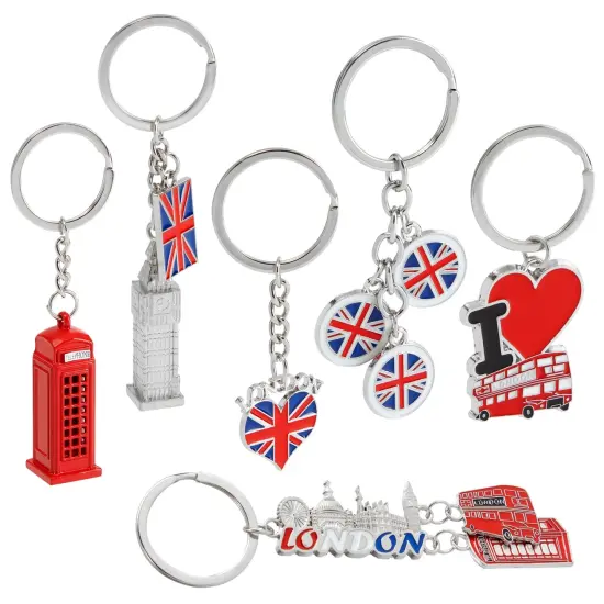 6 Pack London Keychain Souvenir Gifts, London Souvenir Gift, Key Rings with British UK Flag, Phone Booth, Big Ben, Double-Decker Bus, England Red {1}