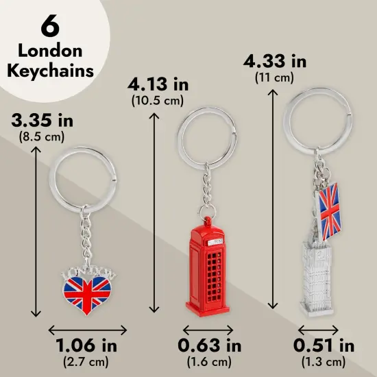 6 Pack London Keychain Souvenir Gifts, London Souvenir Gift, Key Rings with British UK Flag, Phone Booth, Big Ben, Double-Decker Bus, England Red {3}