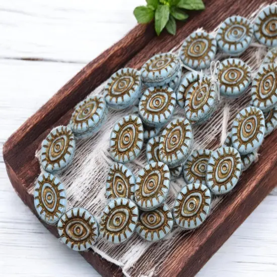 *10* 14x11mm Dark Bronze Washed Blue Mystic Eye Beads {3}