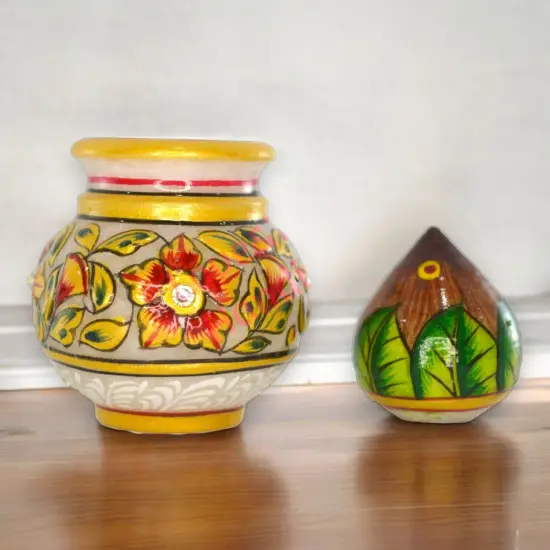 White Marble Kalash Indian Mini Mangal Kalash Decorated Coconut for Wedding Shagun Decorative Nariyal for Wedding Pooja Indian Festival Housewarming Gifts (3 Inches) {4}