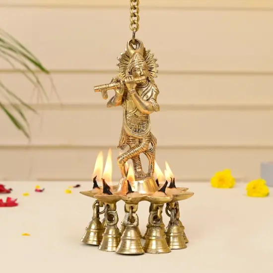 Brass Krishna Wall Hanging Diya with Bells & Chain Krishna Hanging Idol Oil Lamp Home Temple Mandir Office Diwali Decor Kathu Vilakku Puja Diyas - Deepawali Housewarming Return Gifts {6}