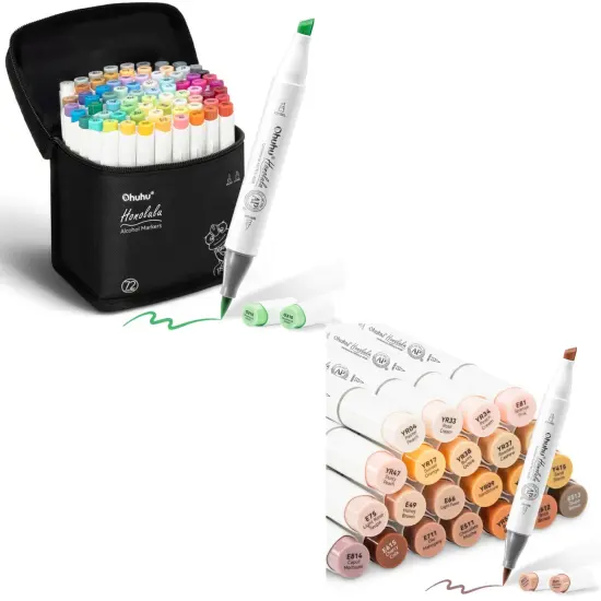 Ohuhu Honolulu 72 Colors + 24 Skin Tones Alcohol-Based Markers, Brush & Chisel, Dual Tips Art Markers Bundle {1}