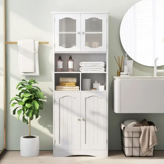 58.5 Inch Freestanding Linen Bathroom Storage Cabinet with Frost Glass Doors White {2}