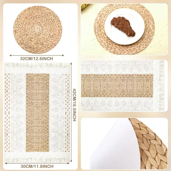 100 Pcs Boho Disposable Paper Placemats Set Round Braided Rattan Disposable Woven Paper Place and Rectangle Burlap Printed Placemats Farmhouse Table Mats for Kitchen {2}