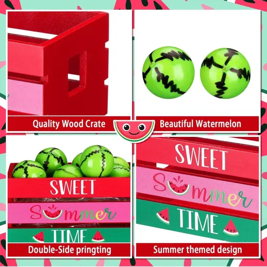 Watermelon Mini Crate Summer Tabletop Decor with 8 Faux Watermelon Farmhouse Tiered Tray Decor with Faux Fruits Wood Crate for Kitchen Home {5}
