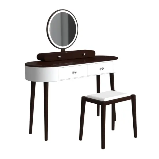 LED Lighted Vanity Table Set with Adjustable Mirror & Cushioned Stool White-Brown {1}