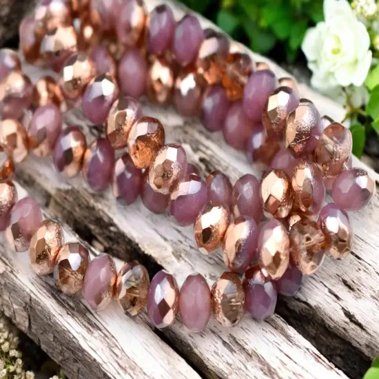*25* 6x8mm Copper Washed Etched Pink Opal Fire Polished rondelle Beads {2}