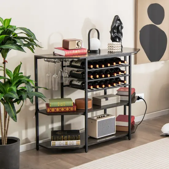 Wine Rack with Charging Station, 21-Bottle Capacity, 8 Glass Holders, and 3 Shelves Grey {2}