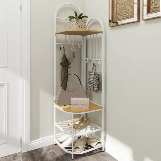 4-Tier Coat Rack Corner Tree with Shoe Bench and Hooks Natural {3}