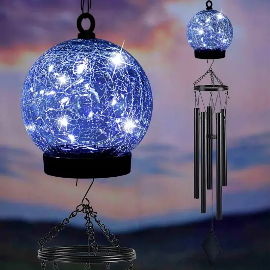 Wind Chimes Outdoor Solar Lights, 42 Inch Large Sympathy Chime 15 Blue LEDs Crackled Glass Ball Birthday Gifts for Women Decorative Hanging in Garden, Yard, Patio, Landscape {1}
