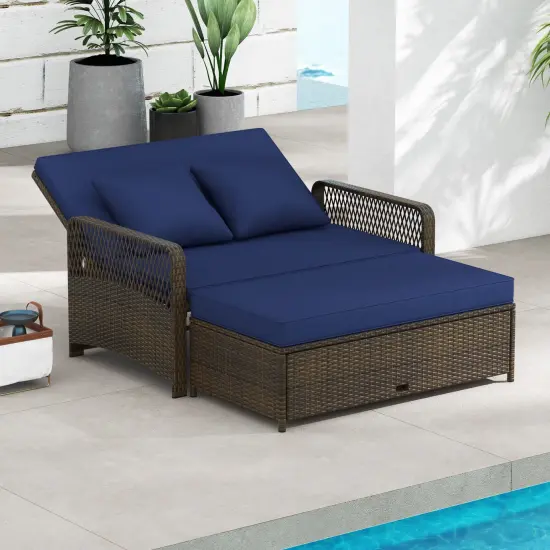 Patio Loveseat and Ottoman Set with 4-level Adjustable Backrest and Storage Area Navy {2}