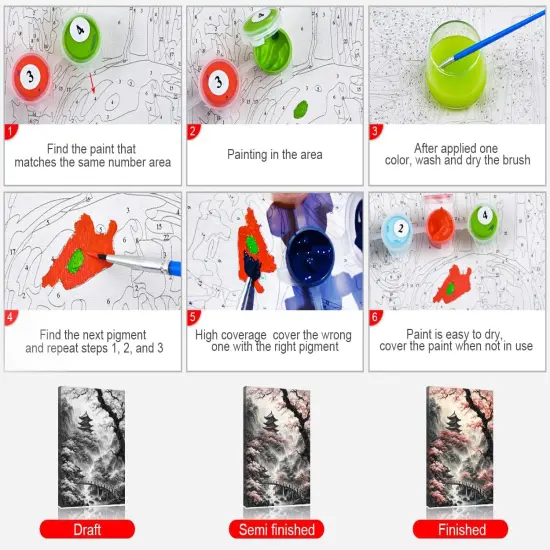Japanese Temple Paint by Number Kits for Adults Beginners,Tree Adults Paint by Numbers Kits,DIY Pink Cherry Blossom Paint by Numbers Kits on Canvas for Home Wall Decor 16x20inch Frameless {4}