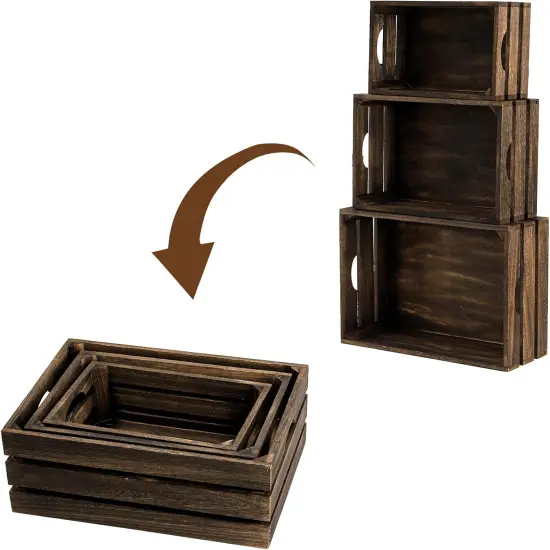 Set of 3 Nesting Wooden Crates, Rustic Wood Basket with Handles, Decorative Farmhouse Wooden Storage Container Boxes for Party, Office, Bedroom, Kitchen and Closet {3}
