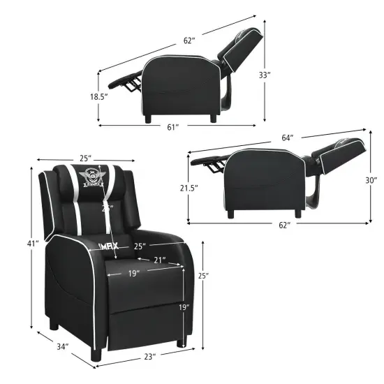 Massage Racing Gaming Single Recliner Chair with Adjustable Backrest and Footrest White {5}
