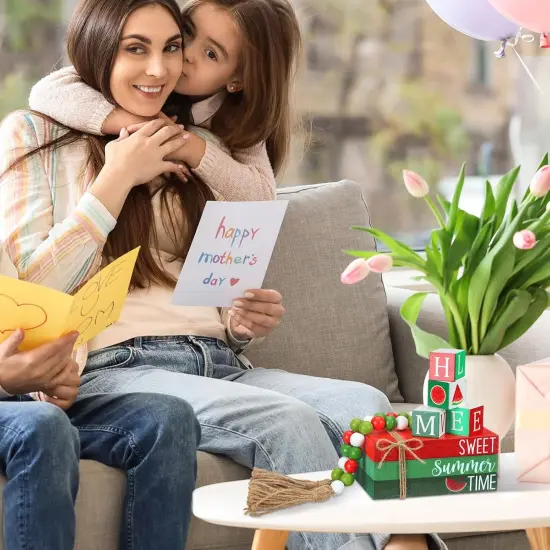 8 Pcs Summer Tiered Tray Decor Farmhouse Watermelon Table Decorations with Beads Garland Wooden Summer Tiered Tray Decorations Set Stacked Coffee Table Books Decor for Room Living Shelf {3}