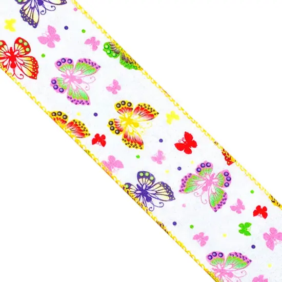 Designer's Shop WR 63-5202 Spring Summer Multi-colored butterflies on white burlap wired edge ribbons, 2.5" x 10 yards {4}