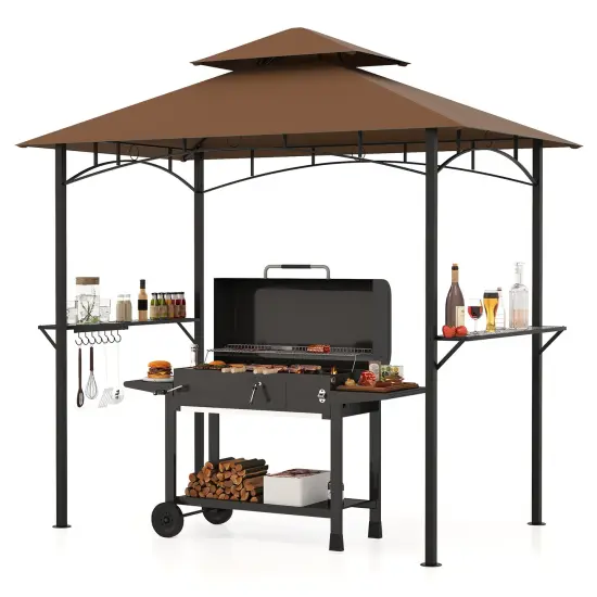 Multi-functional Outdoor Double-Tiered Grill Gazebo Canopy with 2 Side Shelves and 7 Hooks Coffee {4}