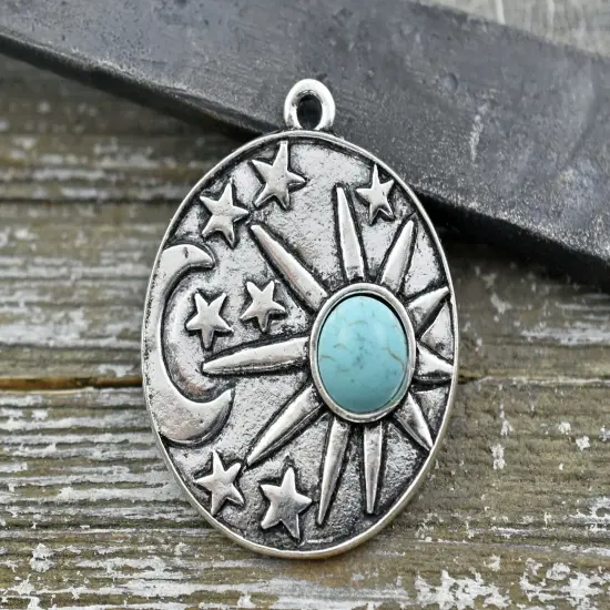 34x29mm Antique Silver w/Turquoise Sun Moon Pendants - 6pcs {4}