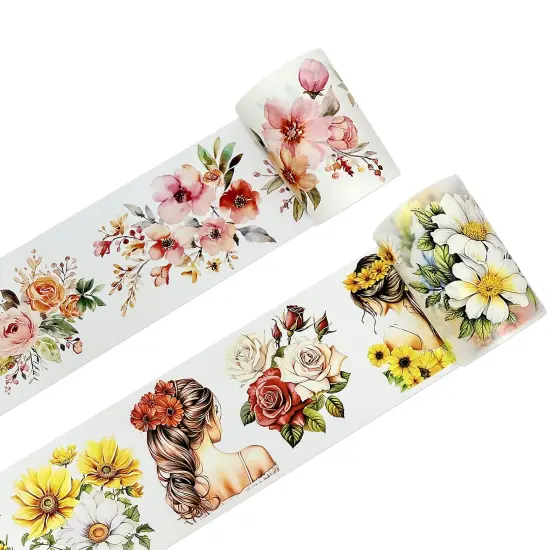 Wrapables Aesthetic Floral Fashion PET Washi Tapes for Scrapbooking, Stationery, Journaling, Diary, Card Making (Set of 2), Yellow and Coral {1}