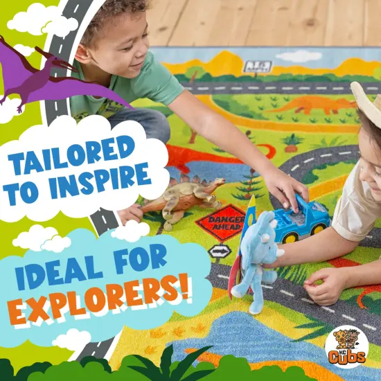 KC Cubs: Educational Rug: Dinosaur World Safari Road Map - 3x5' Playmat - Interactive Play, Activity Area Carpet, Bedroom-Classroom, Baby-Toddler-Kids {6}