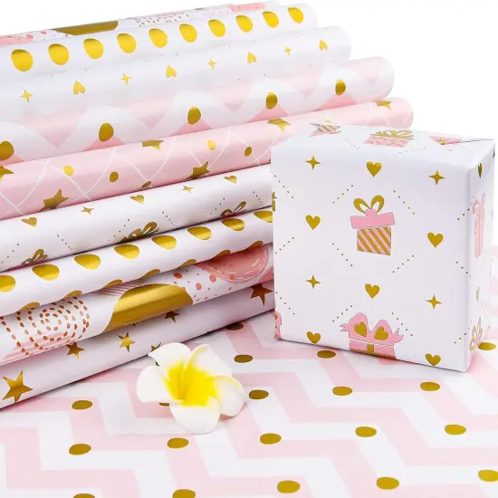 6 Sheets Gold and Pink Birthday Gift Wrapping Paper, Gold Pink Gift Wrap Paper for Wedding {4}