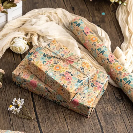 Colorful Floral Kraft Wrapping Paper Roll - 17Inch x 33Feet {3}
