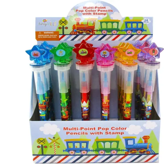 TINYMILLS 24 Pcs Train 2 in 1 Stacking Crayons with Stamp Topper {1}