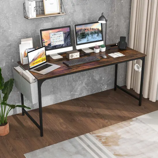 Costway 60" Modern Computer Desk with Charging Station with Storage Bag & Headphone Hook Borwn {4}