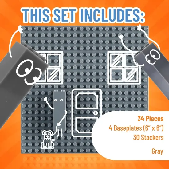 Strictly Briks Classic Stackable Baseplates, Building Bricks For Towers, Shelves, 100% Compatible with All Major Brands, Gray, 4 Base Plates & 30 Stackers, 6x6 Inches, Ages 3-14 Grey {3}