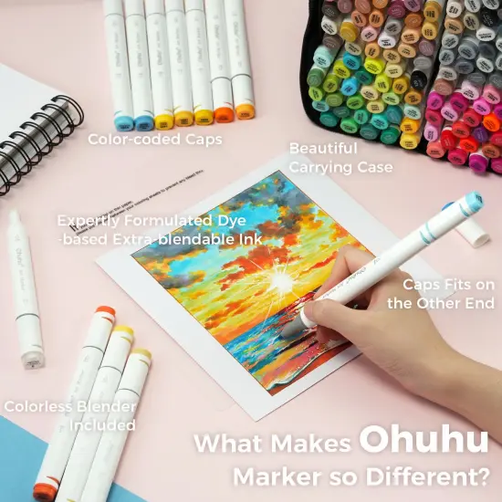 Ohuhu Oahu 200 Colors Alcohol-Based Markers - Dual Tip Chisel & Fine {2}