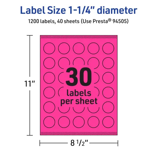 Avery Neon Magenta Paper Labels, 1.25" Diameter Round {5}