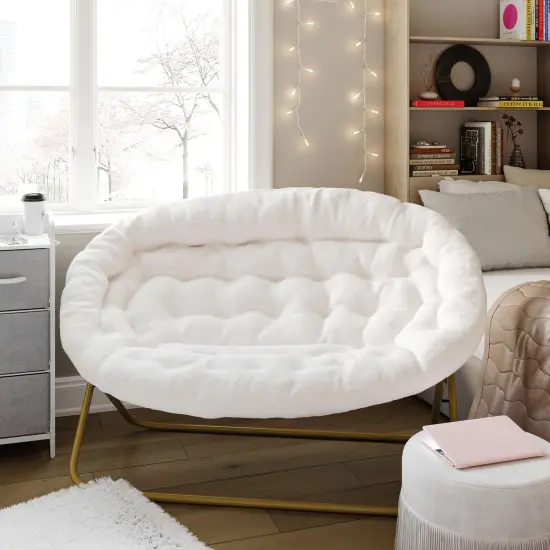 Emma and Oliver Janey Folding Double Saucer Chair with Steel Frame for Dorm, Living Room, or Bedroom IvoryFabric/SoftGold {1}