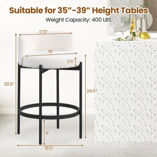 24 Inch Boucle Counter Stools Set with Curved Backrest and Sturdy Metal Frame {2}
