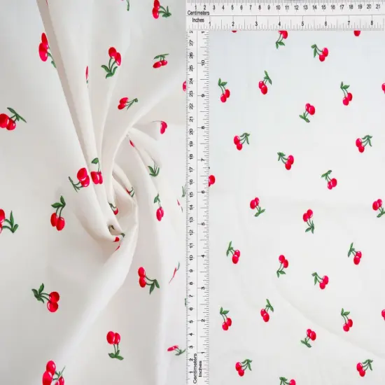 1 Yard Stretch Poplin Cherry Print Fabric, 57/58&Prime; Wide Cotton Spandex Blend IVORY/RED {1}