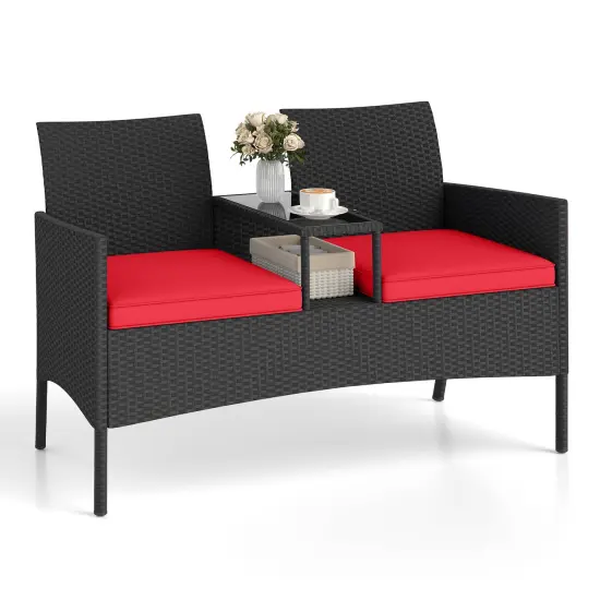 Black PE Rattan Loveseat with Cushions, Built-In Coffee Table and 2-Tier Storage Red {4}
