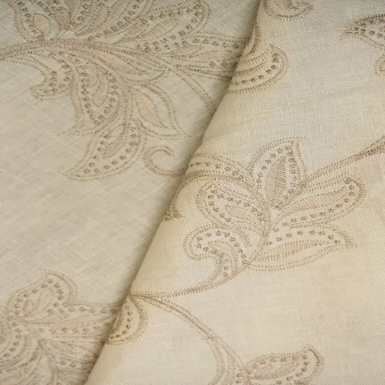 1 Yard White Sand Pure Linen Foliage Embroidered Fabric Midweight Woven 54 Inch Width Beige {4}